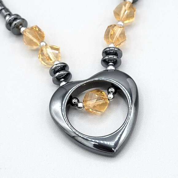 Hematite Open Heart Pendant Statement Necklace Orange Bead Accents 16" - Picture 2 of 8